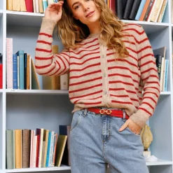 BLACK COLOUR Bcdell Stripe Knit Cardigan Red